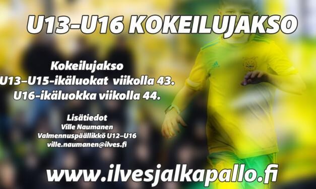 Ilveksen edustusjoukkueet U13–U16: kokeilujakso viikoilla 43–44